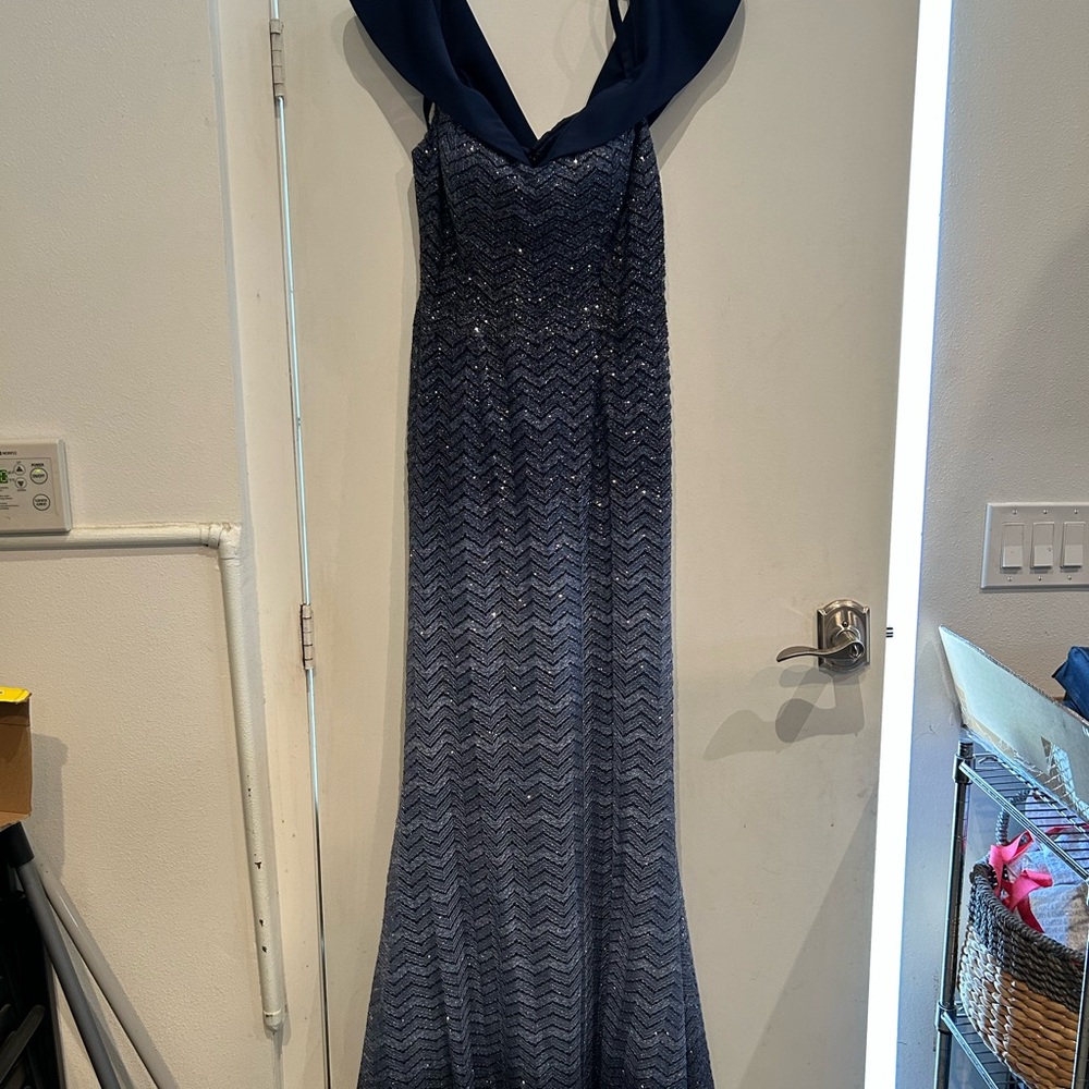 Montage by Mon Cheri Blue Sleeveless V-Neck Gown